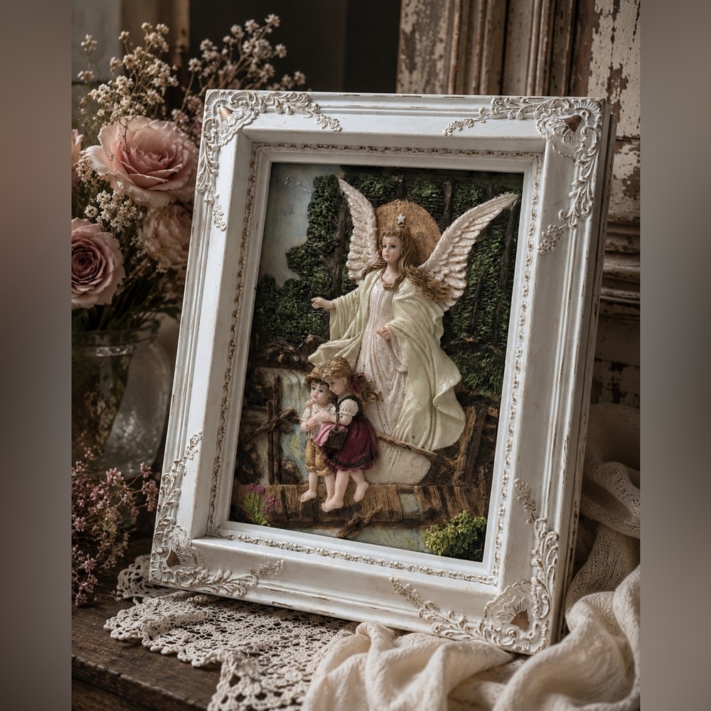 Vintage Guardian Angel 3D Relief Wall Art Cottagecore Shabby Chic